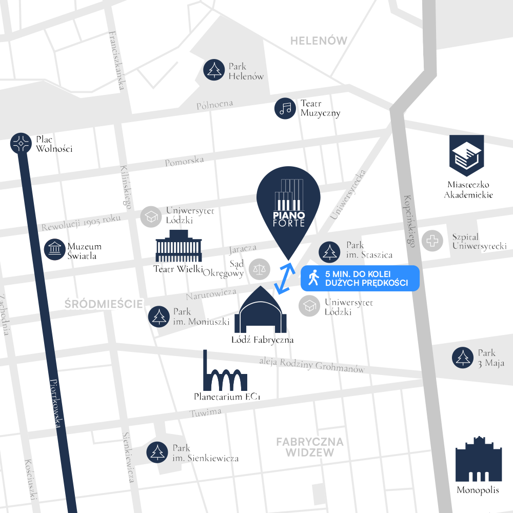 Mapa centrum Łodzi z zaznaczoną inwestycją Piano Forte